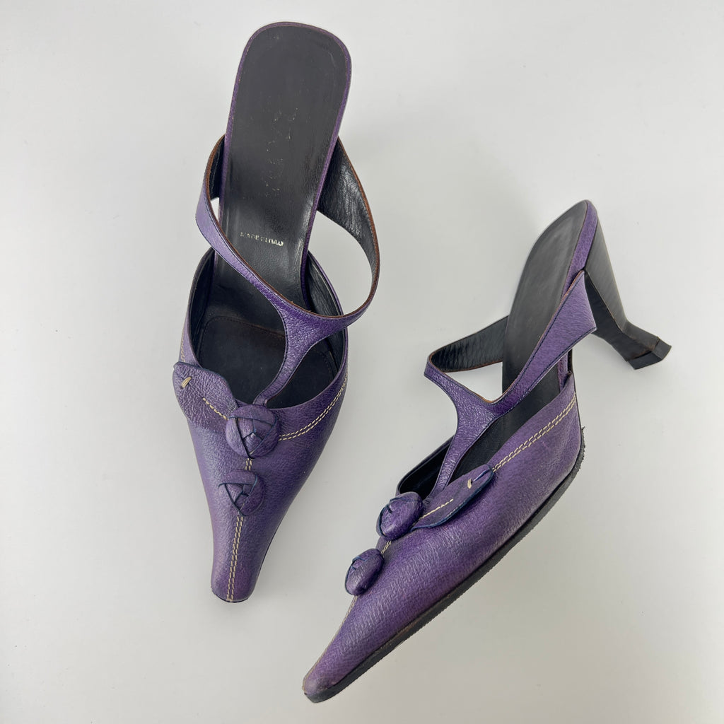 Prada | Archival Pointed Toe Purple Vintage Mid Heel Flower Mules (37)