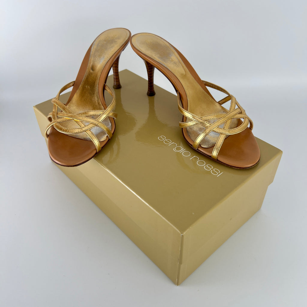 Sergio Rossi | Gold Leather Strappy Cage Sandal Slide Mules (37)