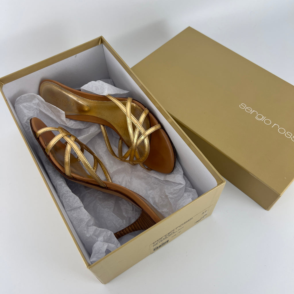Sergio Rossi | Gold Leather Strappy Cage Sandal Slide Mules (37)