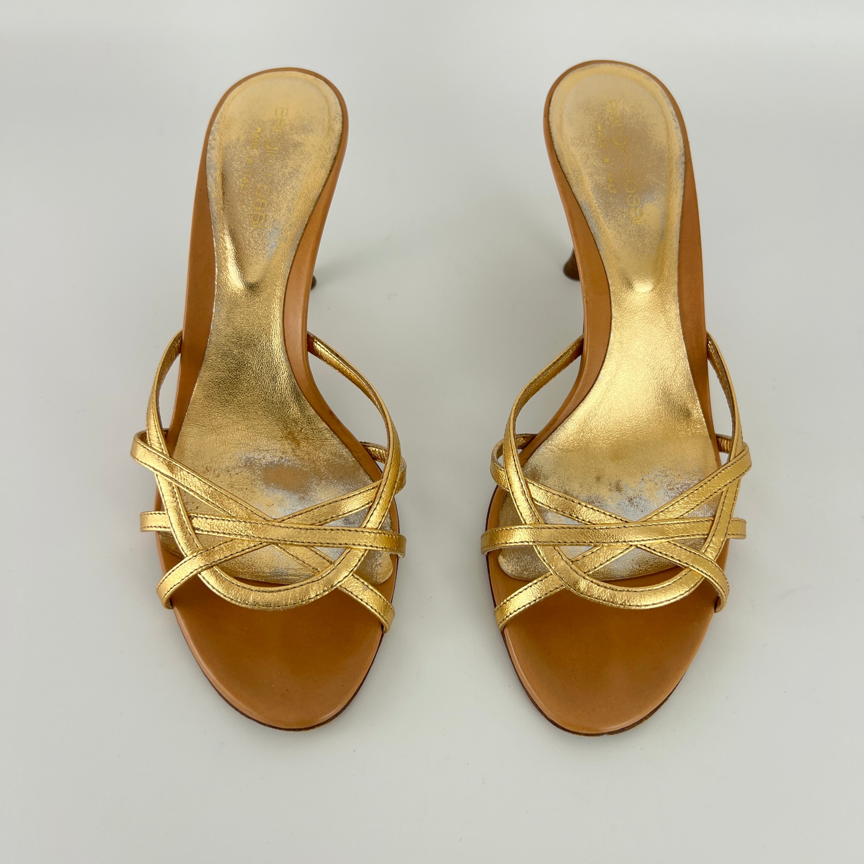 Sergio Rossi | Gold Leather Strappy Cage Sandal Slide Mules (37)