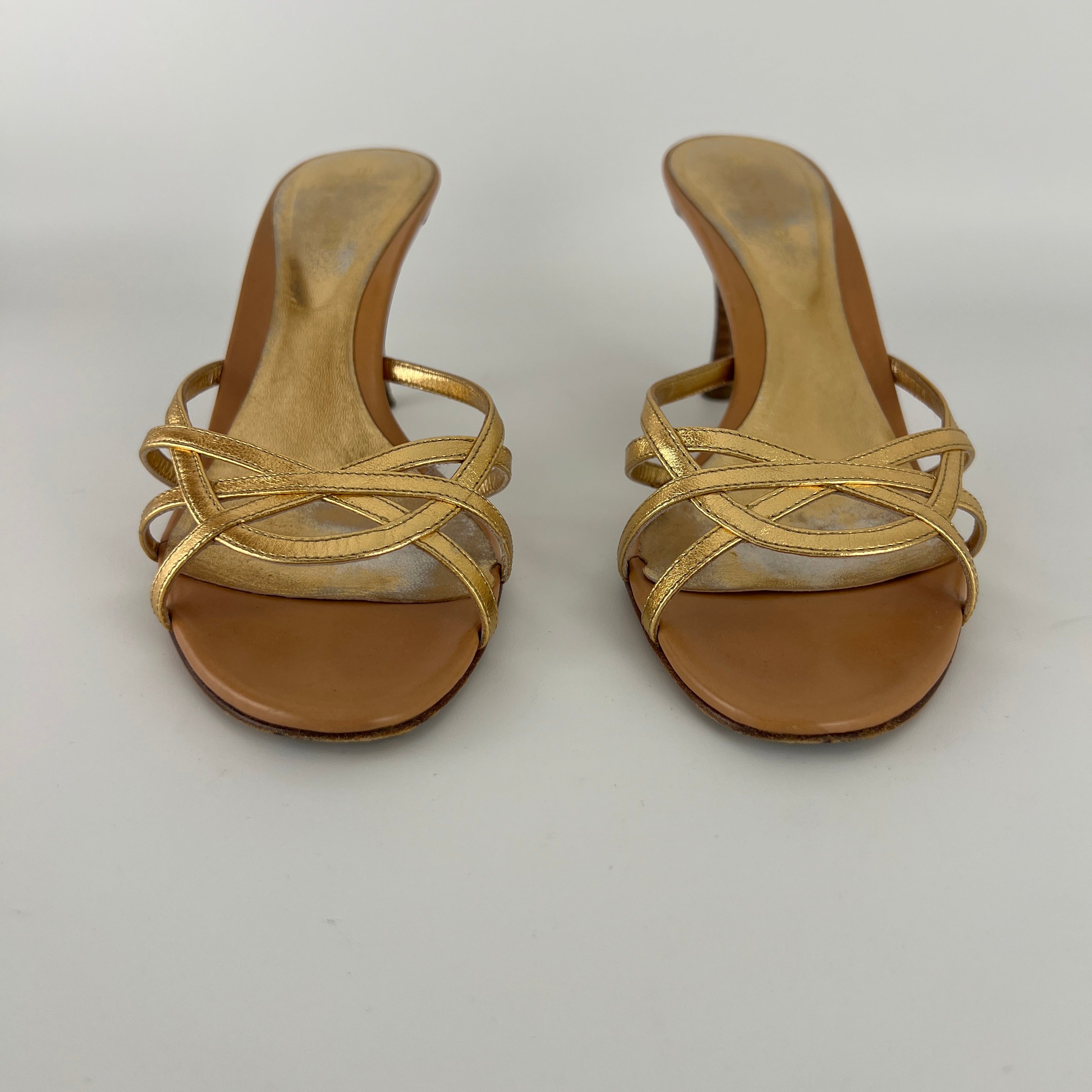 Sergio Rossi | Gold Leather Strappy Cage Sandal Slide Mules (37)