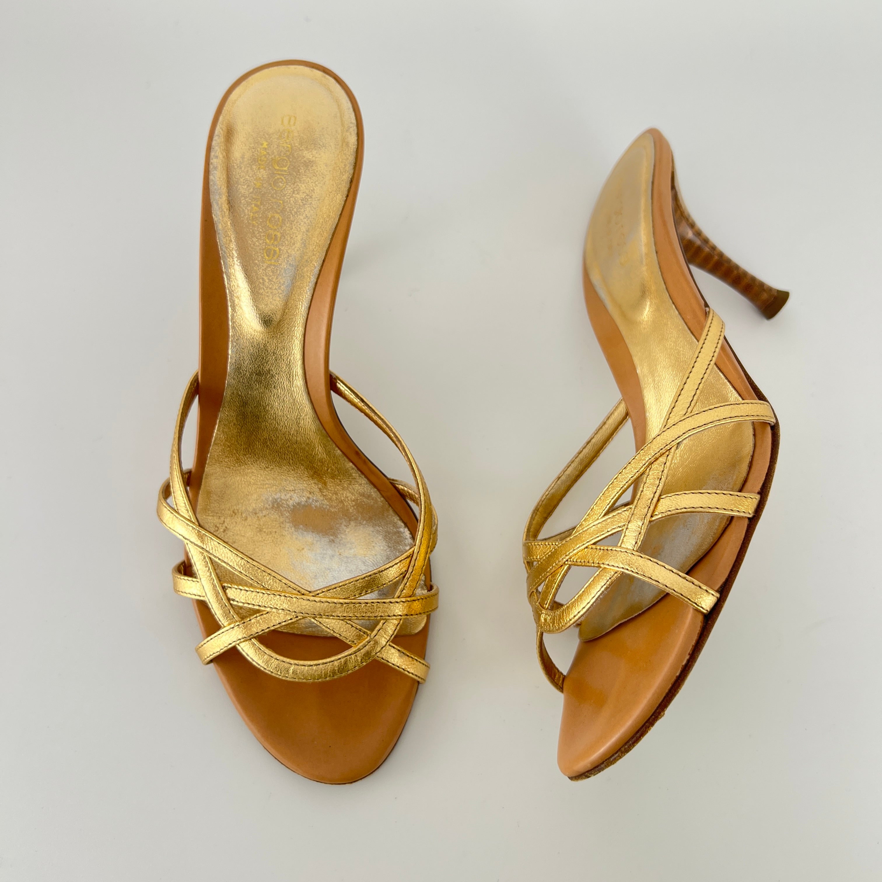 Sergio Rossi | Gold Leather Strappy Cage Sandal Slide Mules (37)