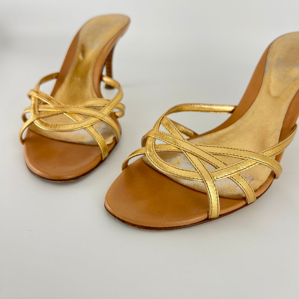 Sergio Rossi | Gold Leather Strappy Cage Sandal Slide Mules (37)