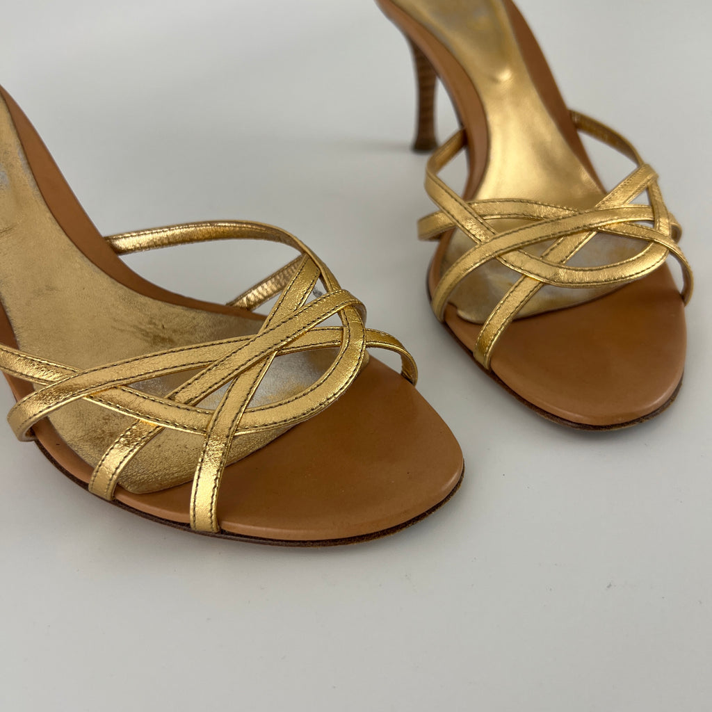 Sergio Rossi | Gold Leather Strappy Cage Sandal Slide Mules (37)