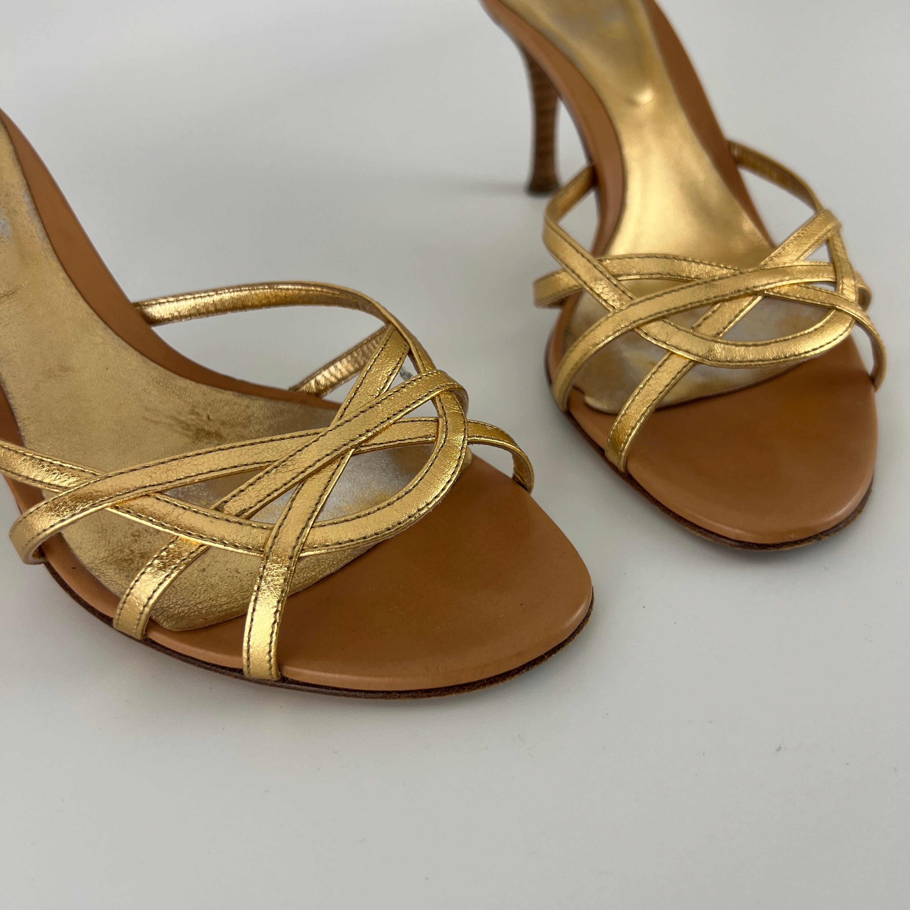 Sergio Rossi | Gold Leather Strappy Cage Sandal Slide Mules (37)