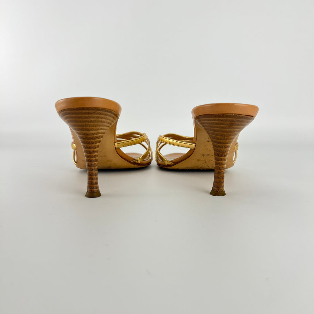 Sergio Rossi | Gold Leather Strappy Cage Sandal Slide Mules (37)
