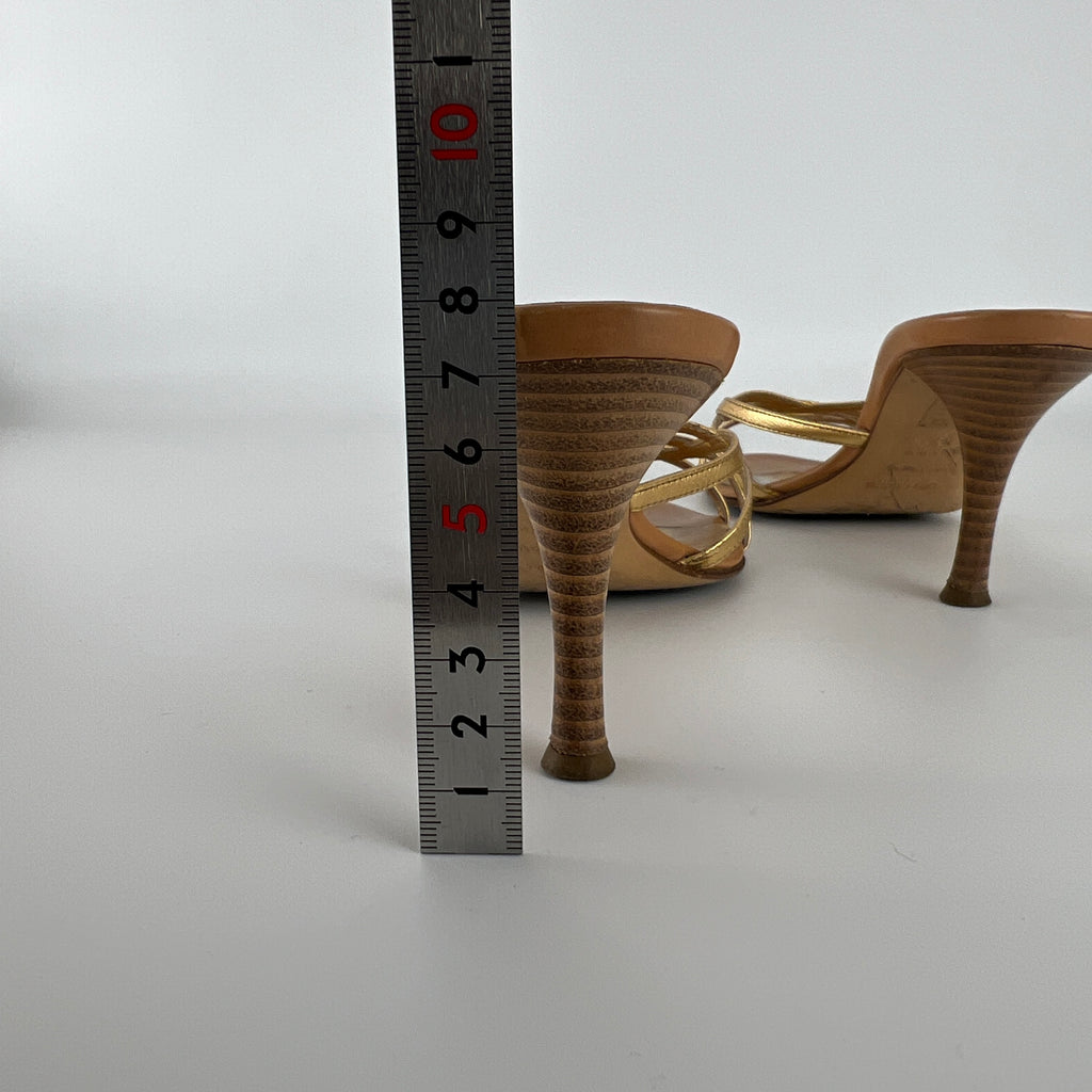 Sergio Rossi | Gold Leather Strappy Cage Sandal Slide Mules (37)