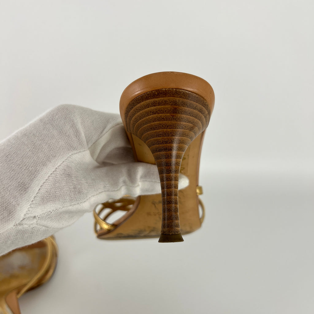 Sergio Rossi | Gold Leather Strappy Cage Sandal Slide Mules (37)