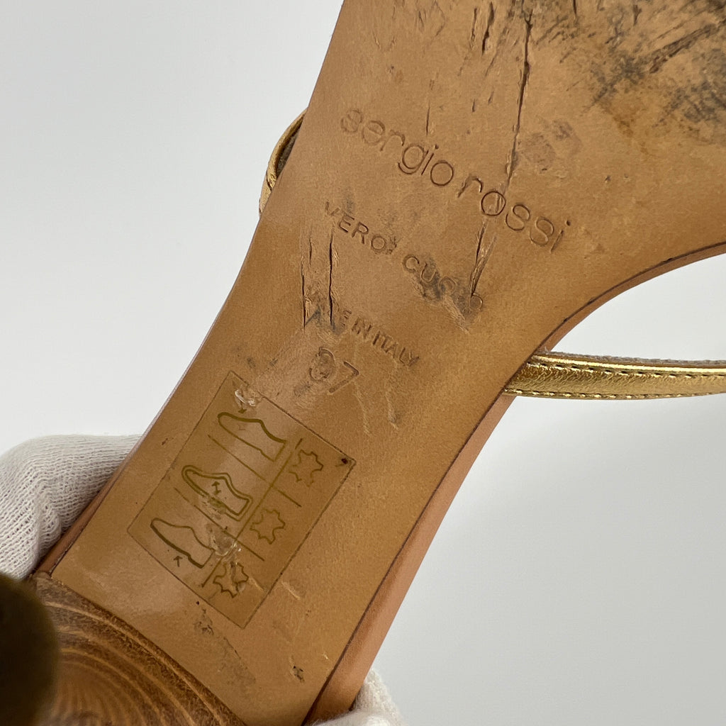 Sergio Rossi | Gold Leather Strappy Cage Sandal Slide Mules (37)