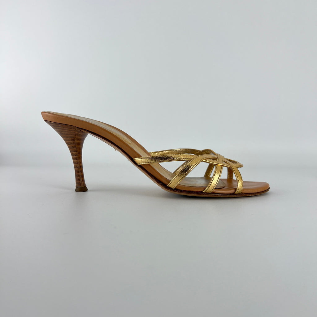 Sergio Rossi | Gold Leather Strappy Cage Sandal Slide Mules (37)