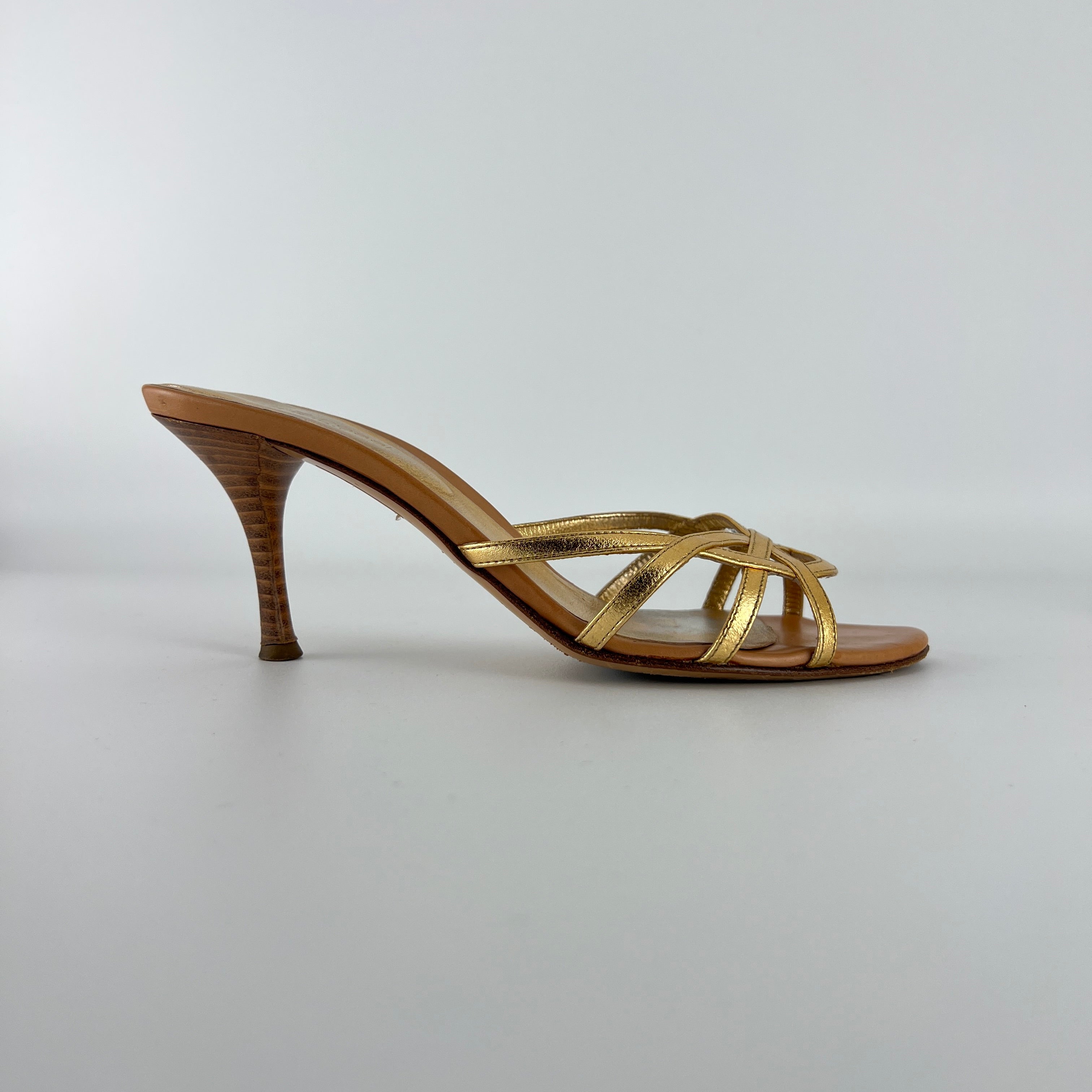 Sergio Rossi | Gold Leather Strappy Cage Sandal Slide Mules (37)
