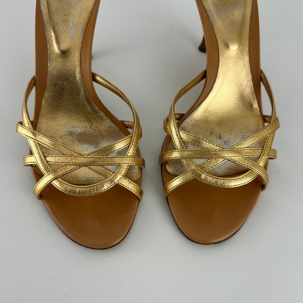 Sergio Rossi | Gold Leather Strappy Cage Sandal Slide Mules (37)