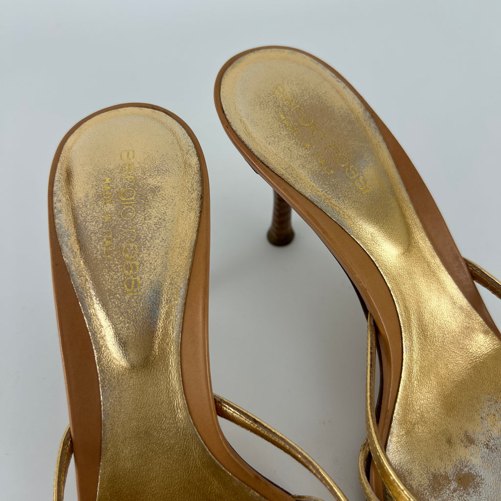 Sergio Rossi | Gold Leather Strappy Cage Sandal Slide Mules (37)