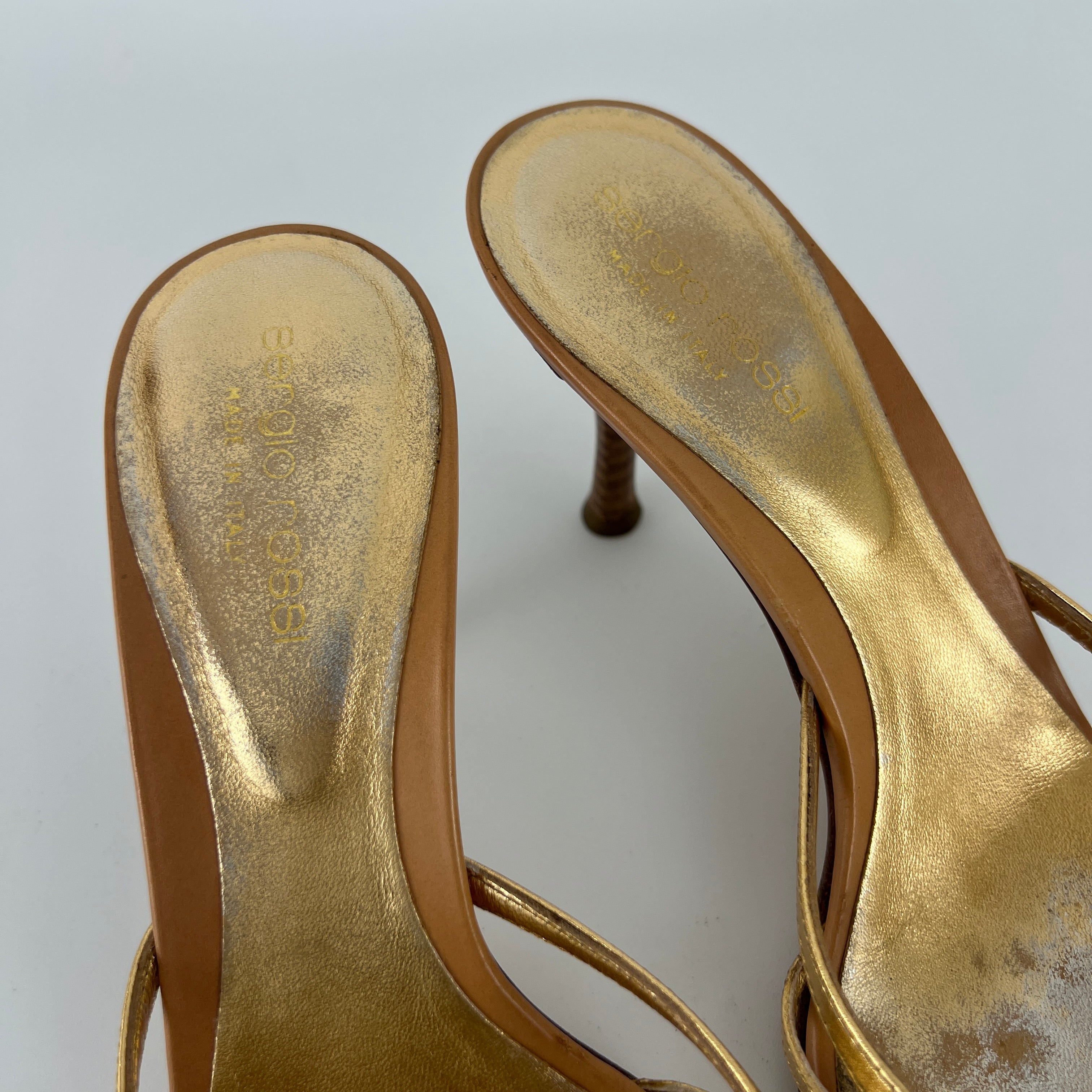 Sergio Rossi | Gold Leather Strappy Cage Sandal Slide Mules (37)