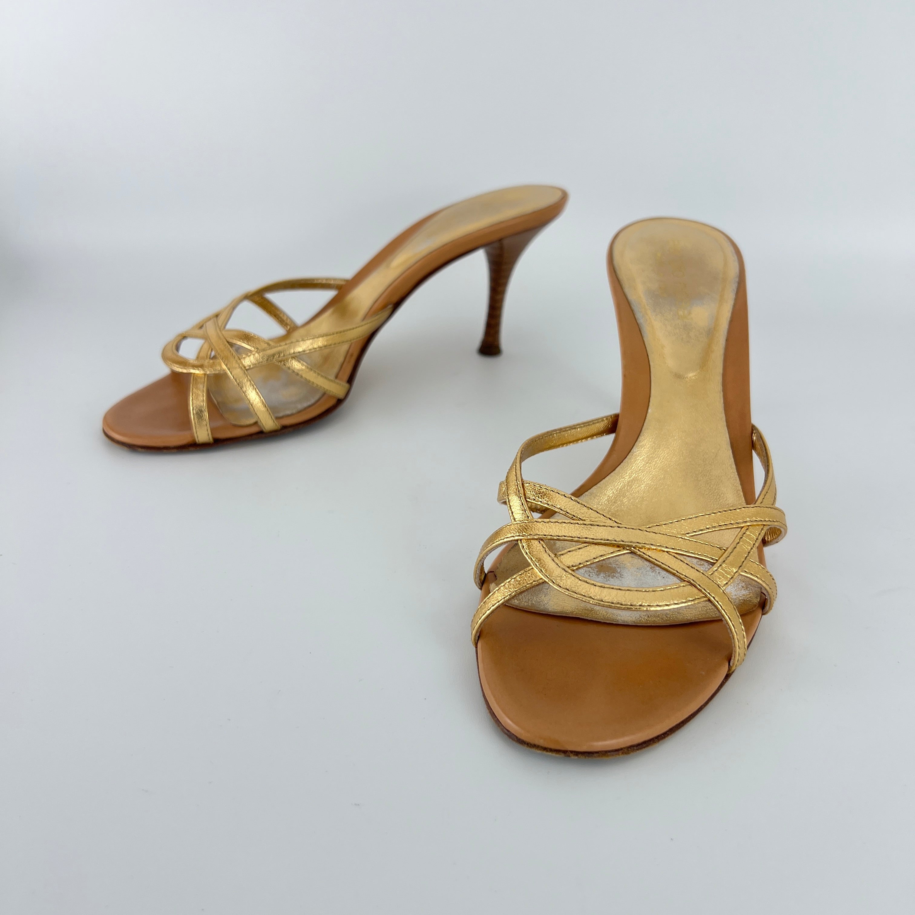 Sergio Rossi | Gold Leather Strappy Cage Sandal Slide Mules (37)