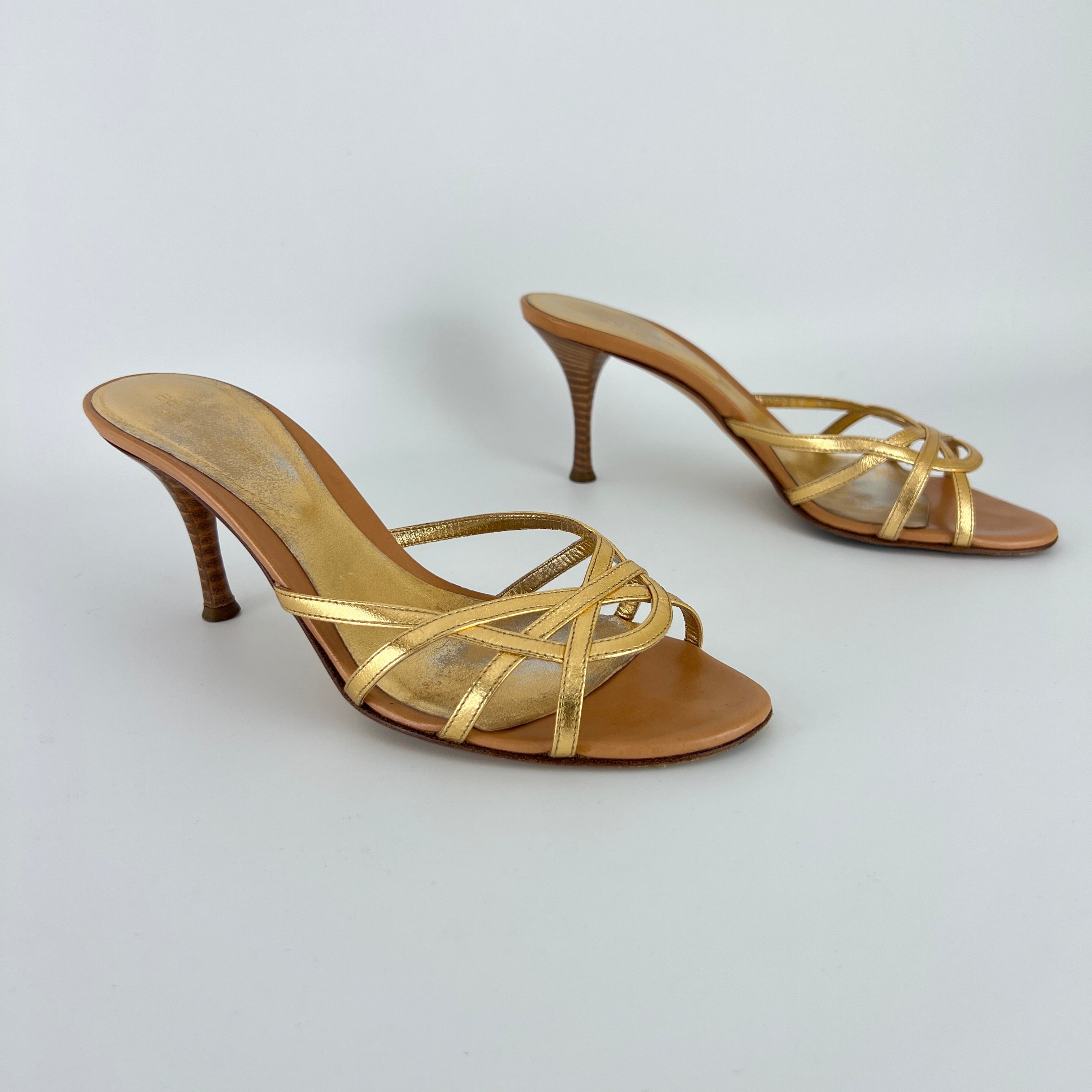Sergio Rossi | Gold Leather Strappy Cage Sandal Slide Mules (37)