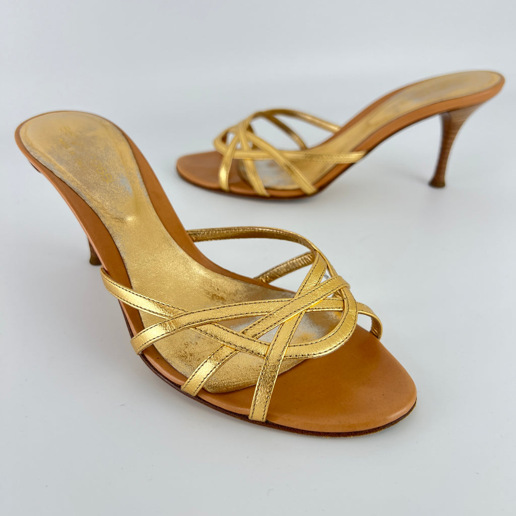 Sergio Rossi | Gold Leather Strappy Cage Sandal Slide Mules (37)