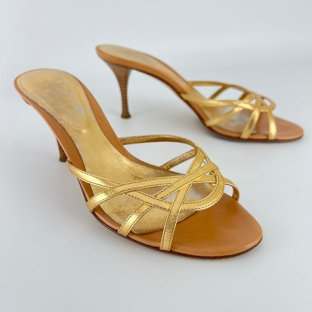 Sergio Rossi | Gold Leather Strappy Cage Sandal Slide Mules (37)