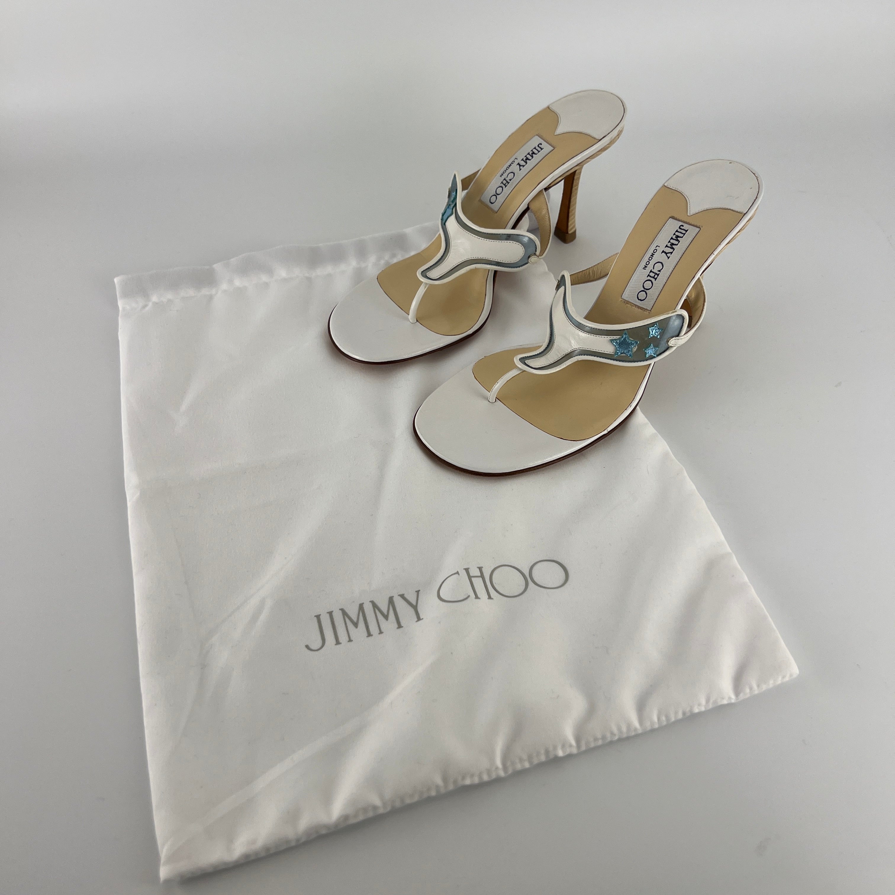 Jimmy Choo | Vintage White Leather Blue PVC Star Thong Heels (37)