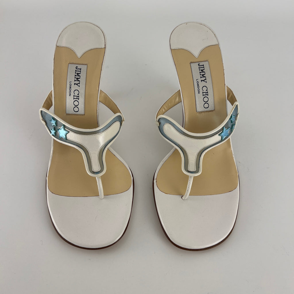 Jimmy Choo | Vintage White Leather Blue PVC Star Thong Heels (37)