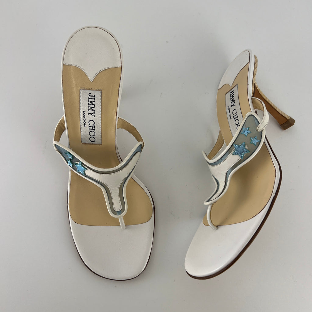 Jimmy Choo | Vintage White Leather Blue PVC Star Thong Heels (37)
