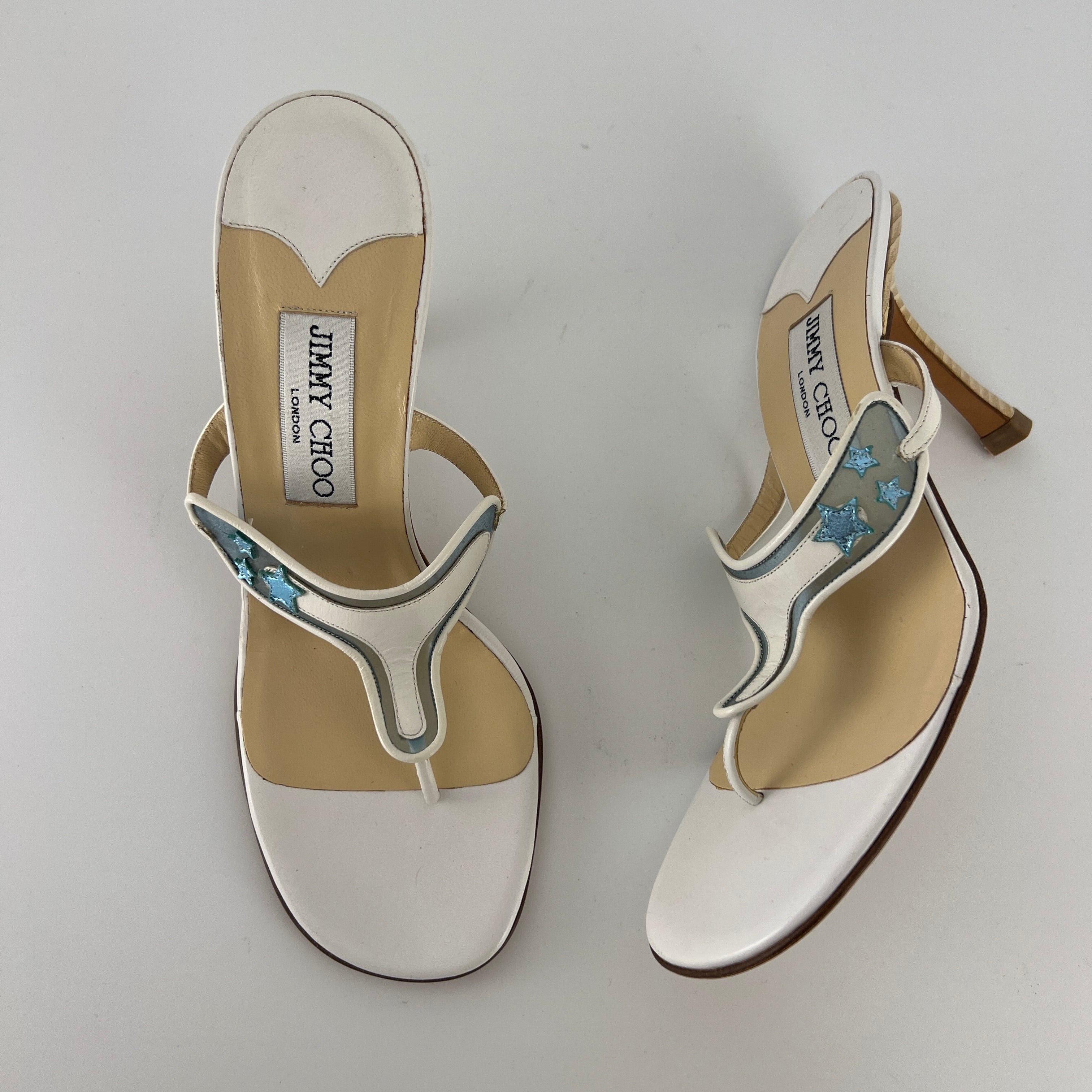 Jimmy Choo | Vintage White Leather Blue PVC Star Thong Heels (37)