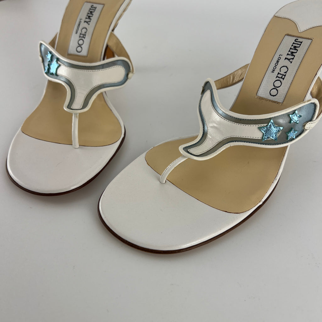 Jimmy Choo | Vintage White Leather Blue PVC Star Thong Heels (37)