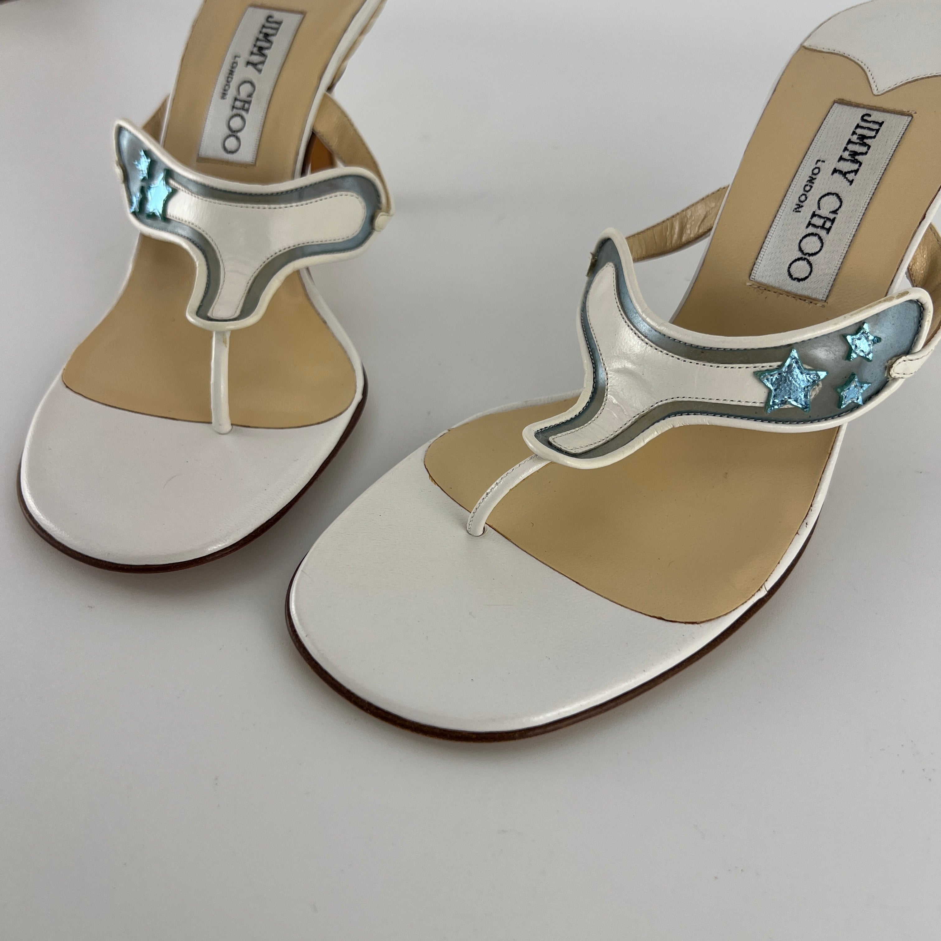 Jimmy Choo | Vintage White Leather Blue PVC Star Thong Heels (37)