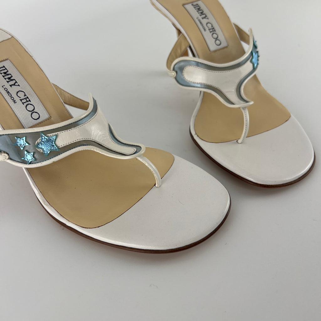 Jimmy Choo | Vintage White Leather Blue PVC Star Thong Heels (37)