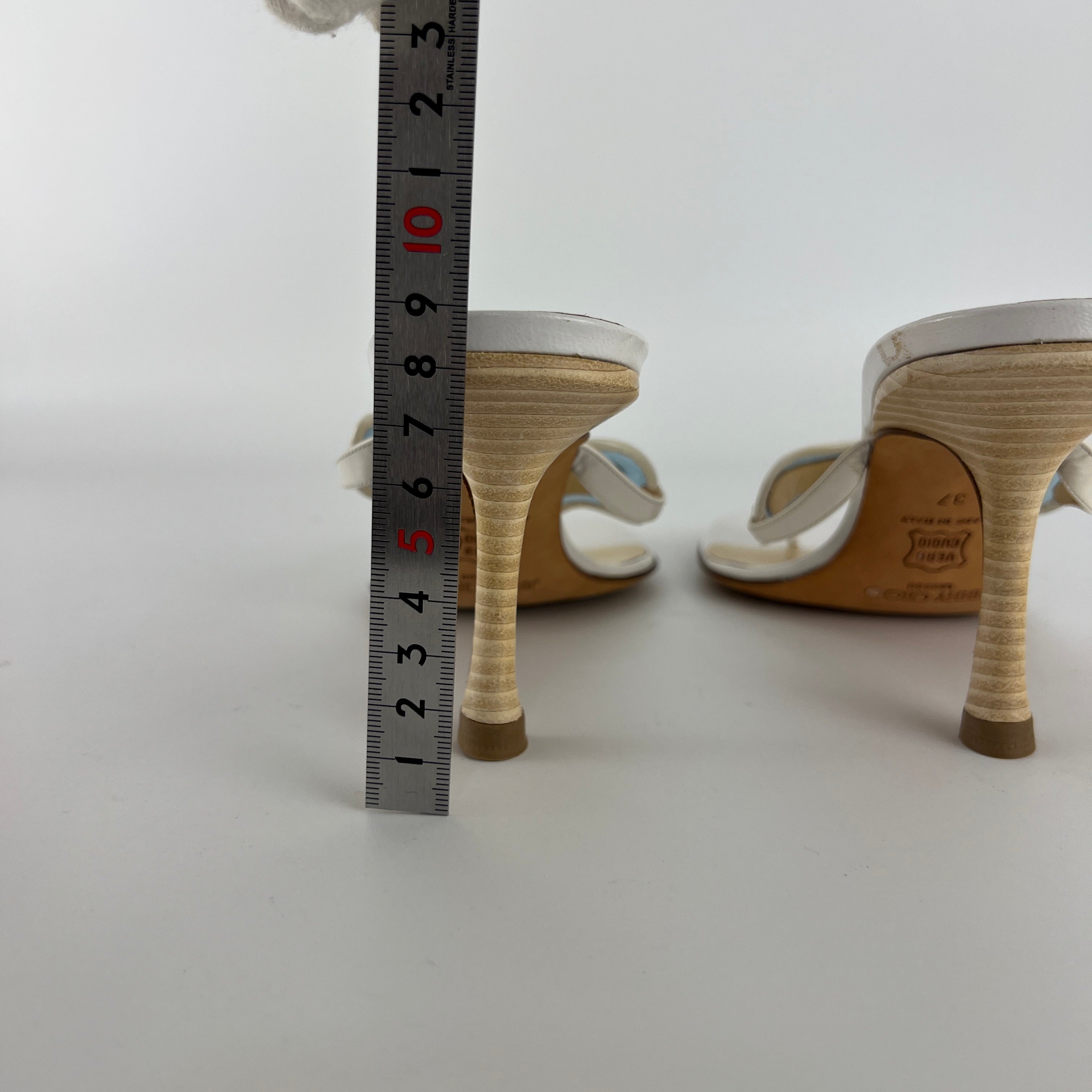 Jimmy Choo | Vintage White Leather Blue PVC Star Thong Heels (37)