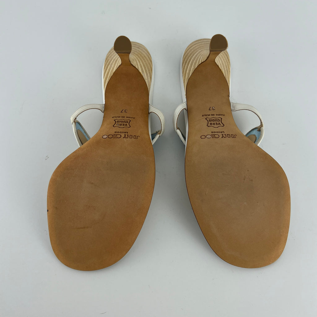 Jimmy Choo | Vintage White Leather Blue PVC Star Thong Heels (37)