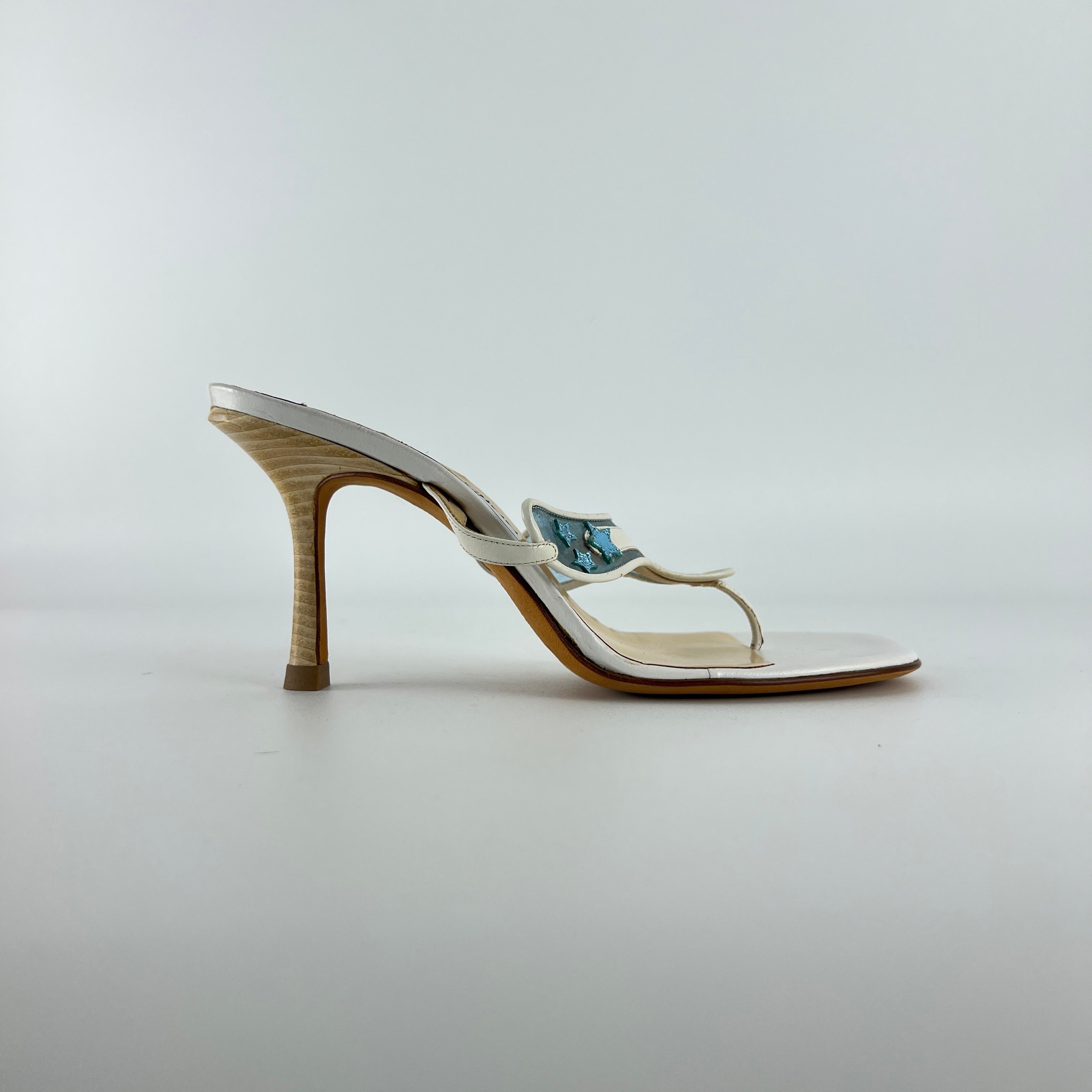 Jimmy Choo | Vintage White Leather Blue PVC Star Thong Heels (37)