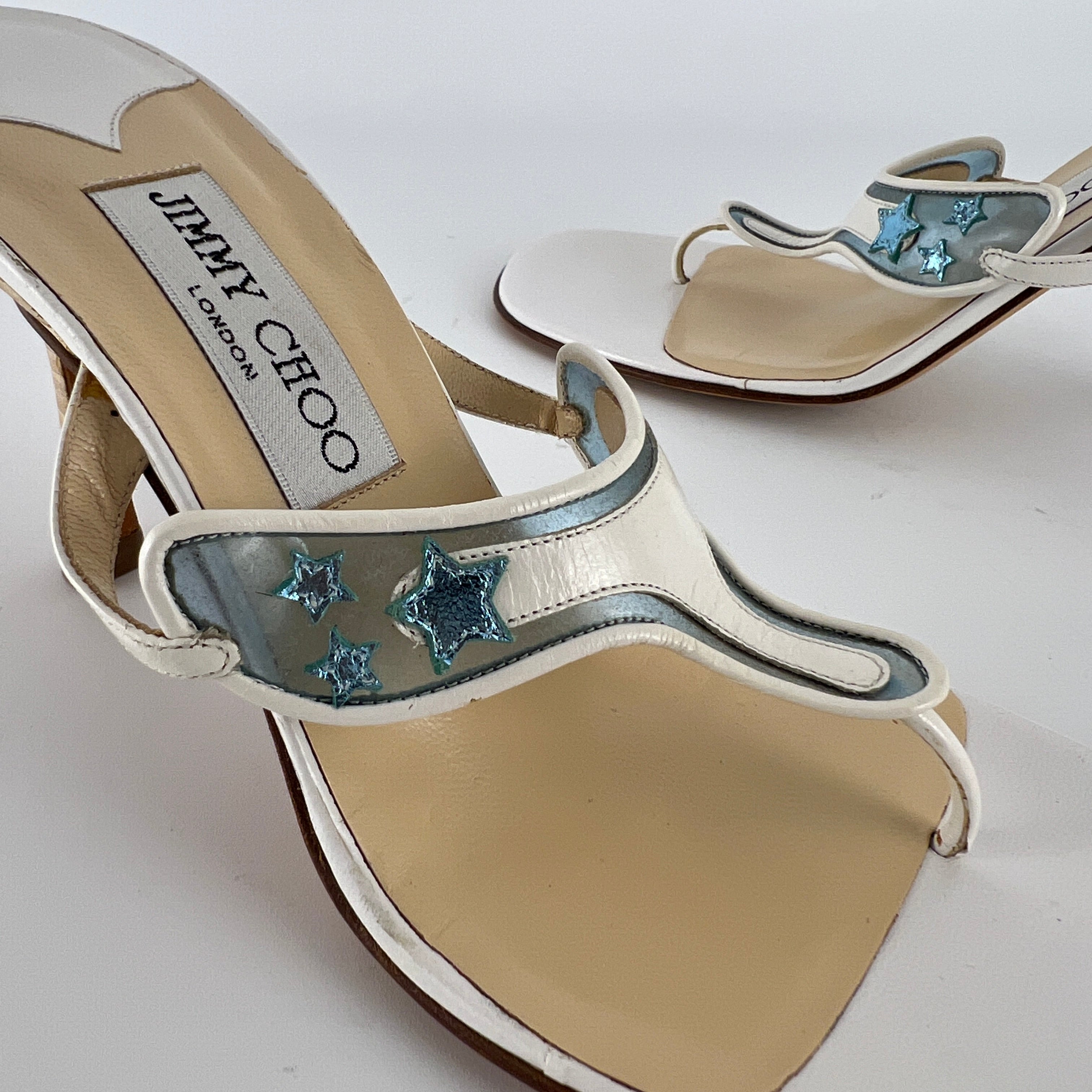 Jimmy Choo | Vintage White Leather Blue PVC Star Thong Heels (37)