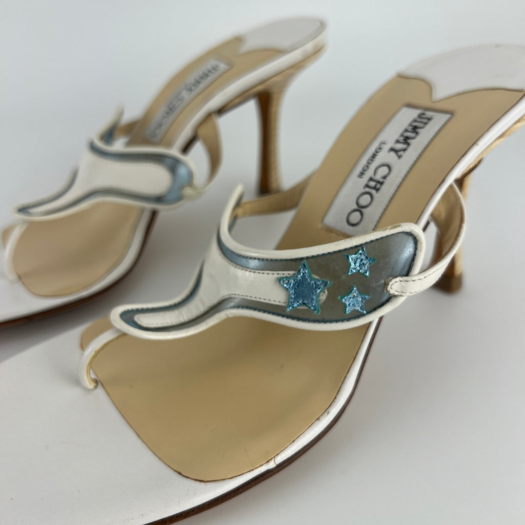 Jimmy Choo | Vintage White Leather Blue PVC Star Thong Heels (37)