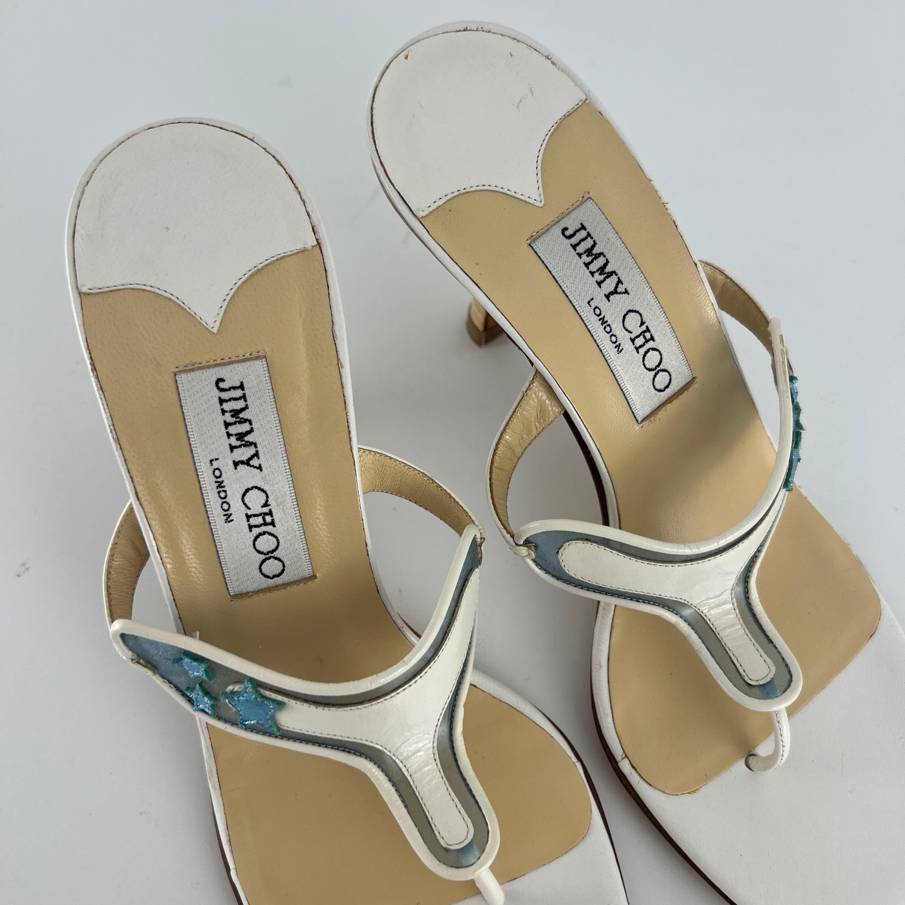 Jimmy Choo | Vintage White Leather Blue PVC Star Thong Heels (37)