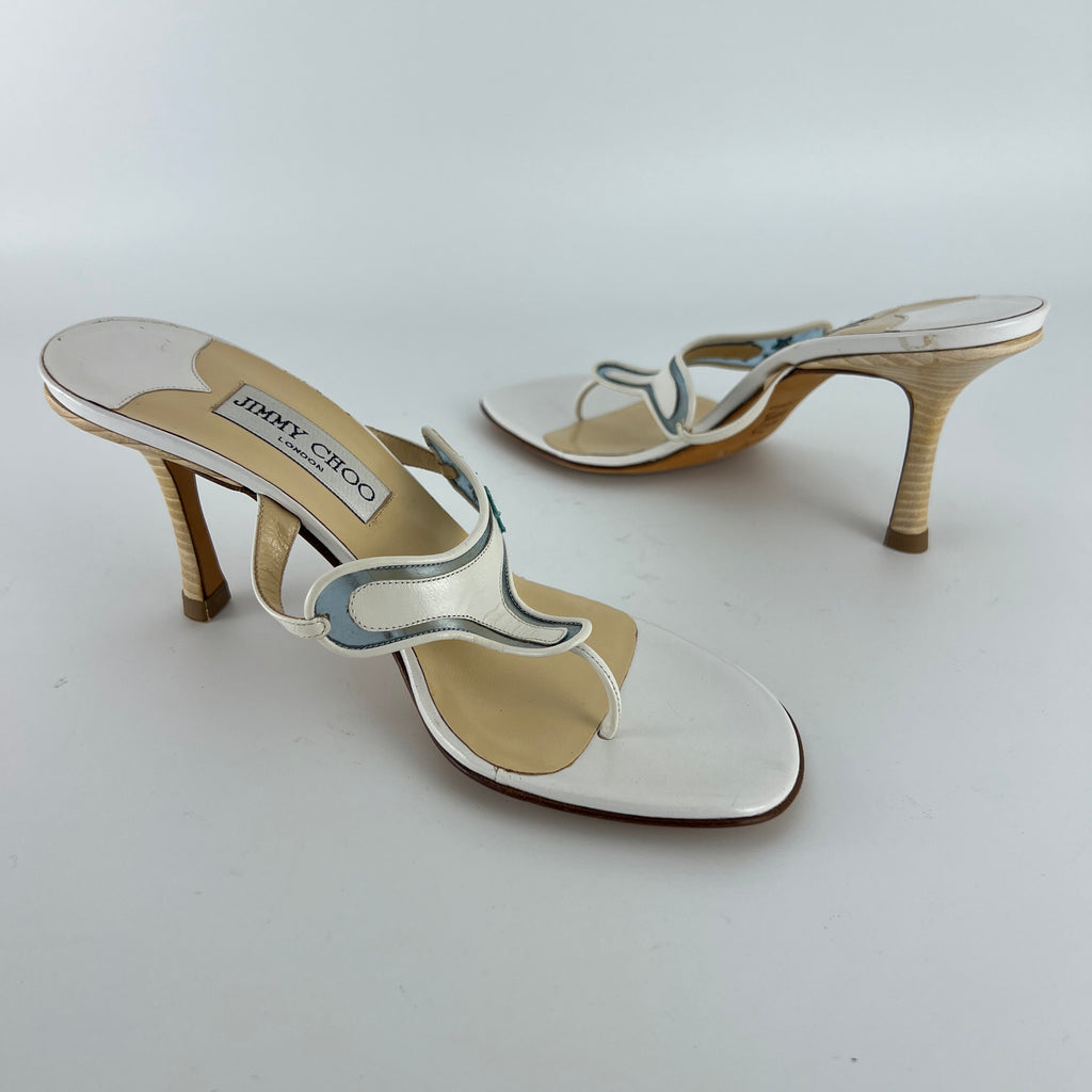Jimmy Choo | Vintage White Leather Blue PVC Star Thong Heels (37)