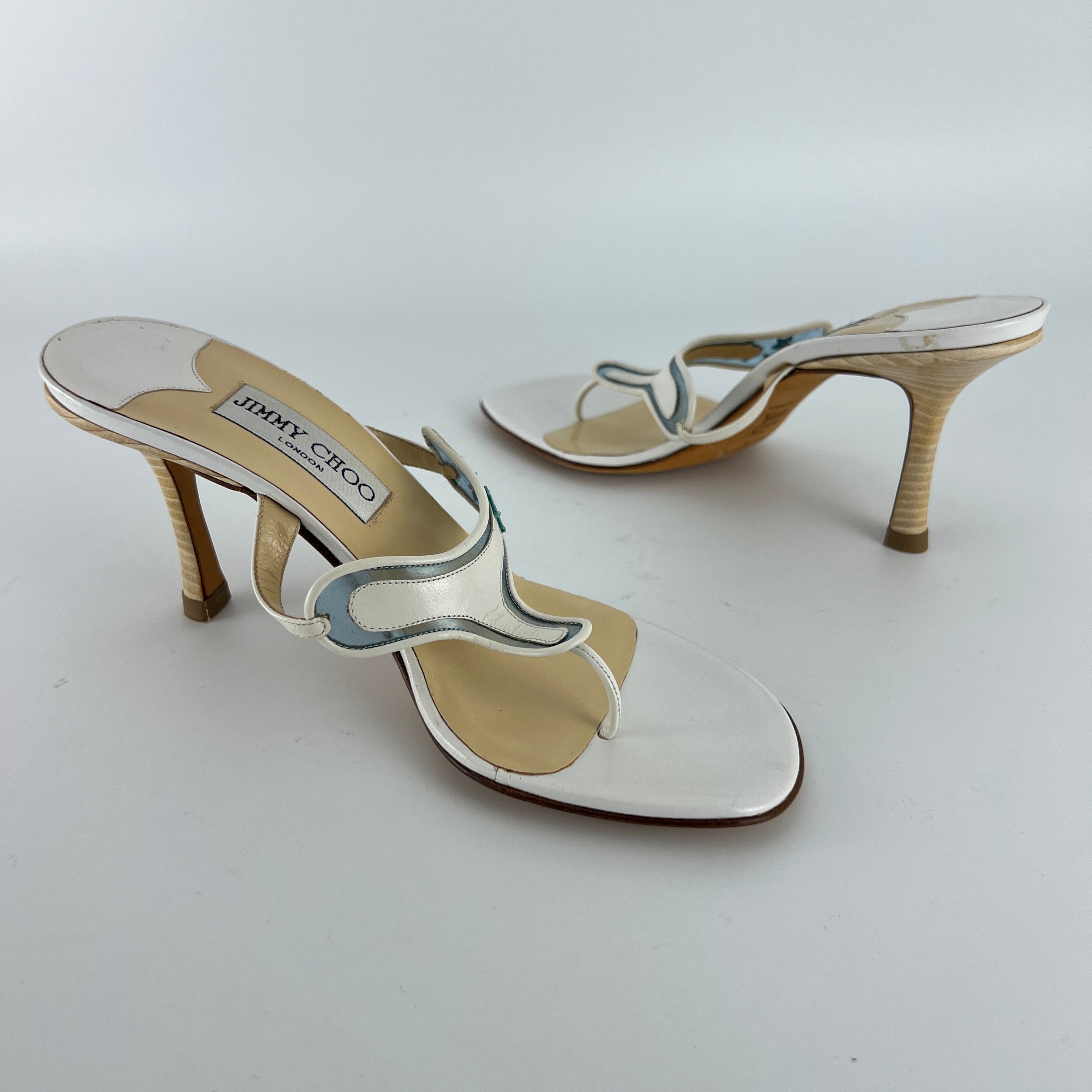 Jimmy Choo | Vintage White Leather Blue PVC Star Thong Heels (37)