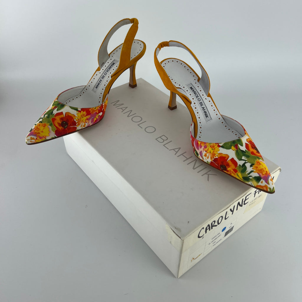Manolo Blahnik | Carolyne 70 Floral Print Orange Suede Leather Pointed Slingback Heels (35)