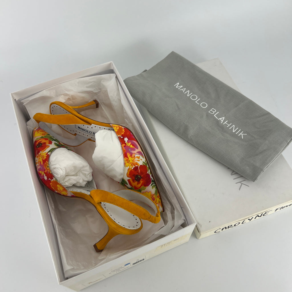 Manolo Blahnik | Carolyne 70 Floral Print Orange Suede Leather Pointed Slingback Heels (35)