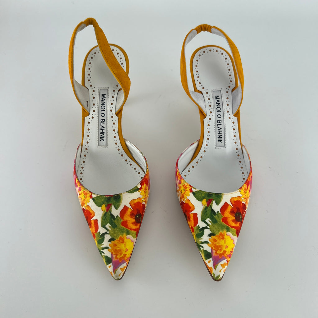Manolo Blahnik | Carolyne 70 Floral Print Orange Suede Leather Pointed Slingback Heels (35)