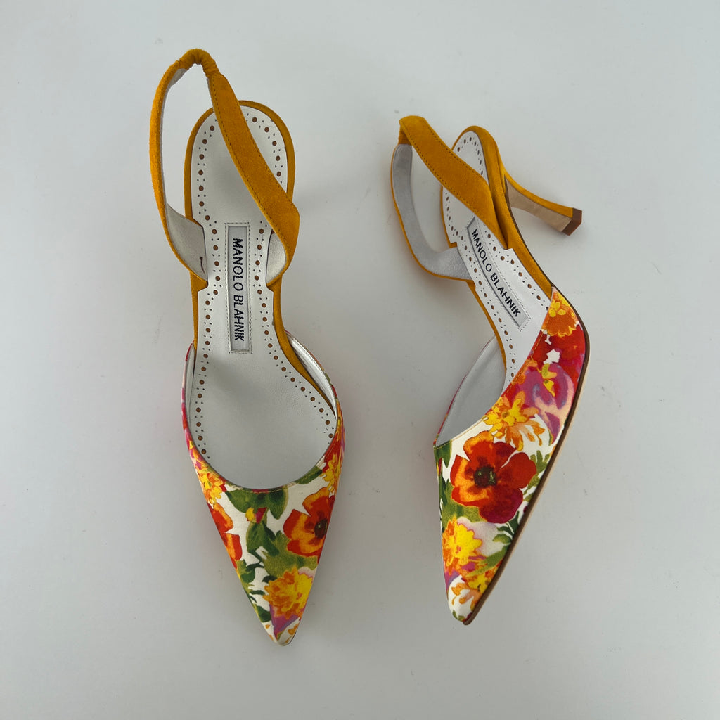 Manolo Blahnik | Carolyne 70 Floral Print Orange Suede Leather Pointed Slingback Heels (35)