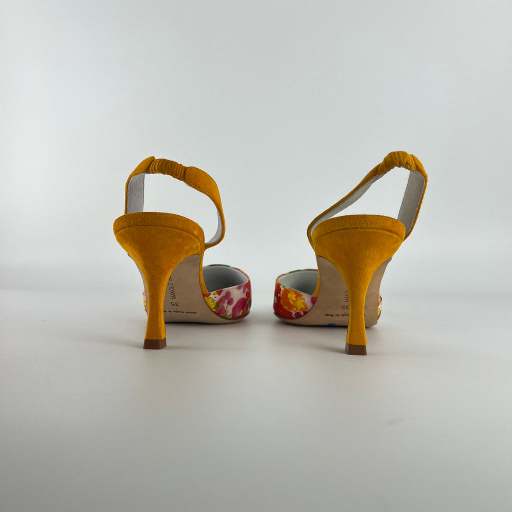Manolo Blahnik | Carolyne 70 Floral Print Orange Suede Leather Pointed Slingback Heels (35)