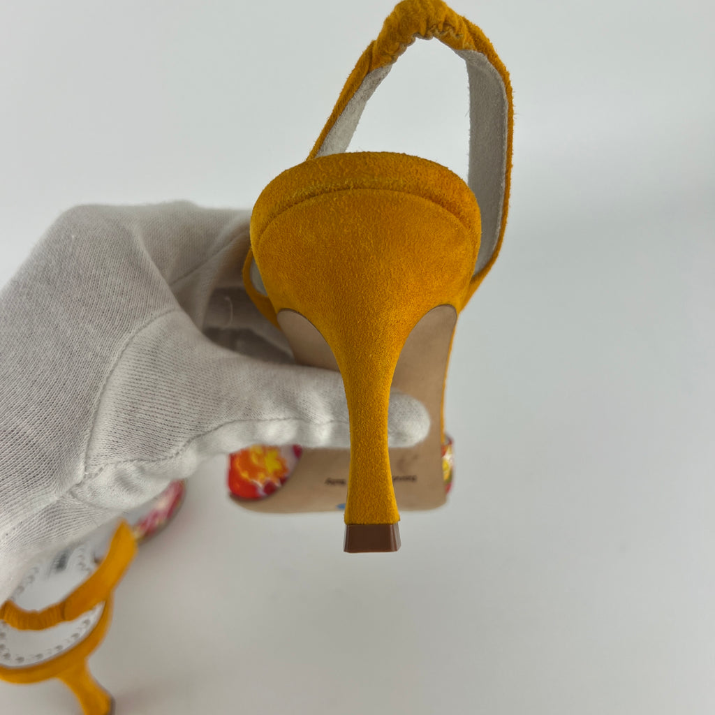 Manolo Blahnik | Carolyne 70 Floral Print Orange Suede Leather Pointed Slingback Heels (35)