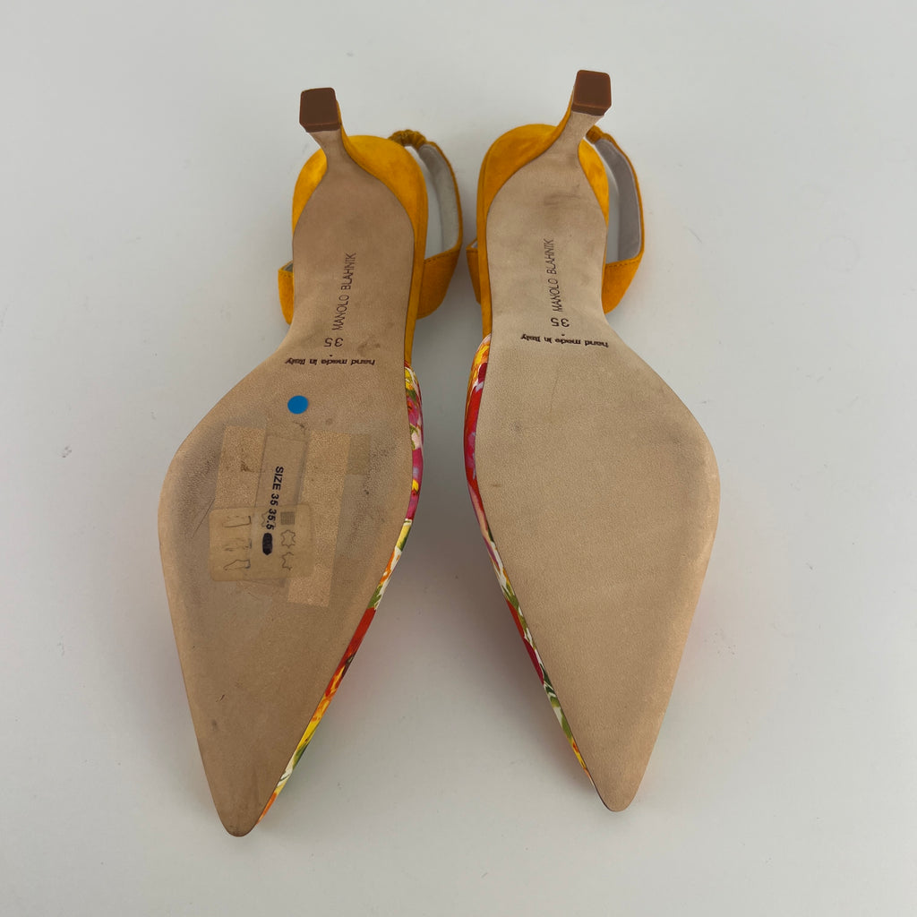 Manolo Blahnik | Carolyne 70 Floral Print Orange Suede Leather Pointed Slingback Heels (35)