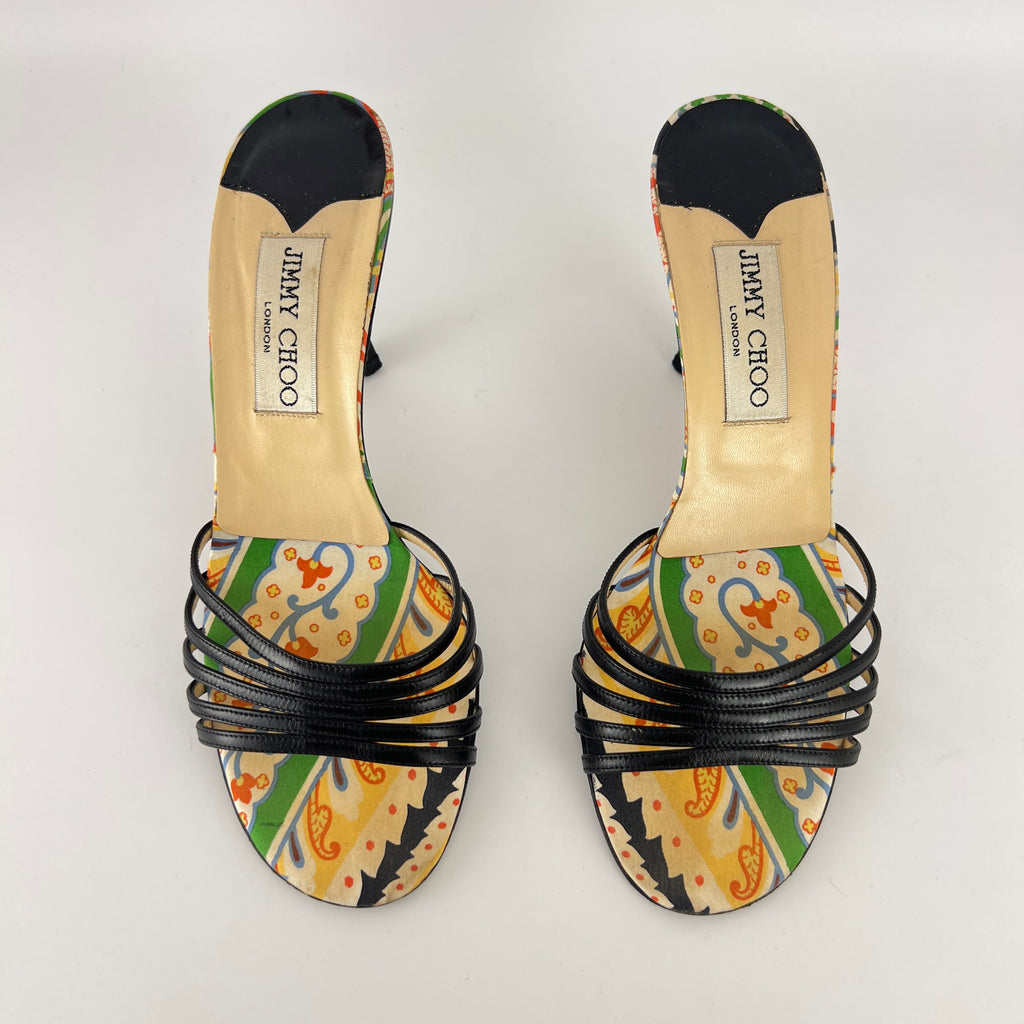 Jimmy Choo | Paisley Green Yellow Pattern Insole Black Strappy Mules  (37)