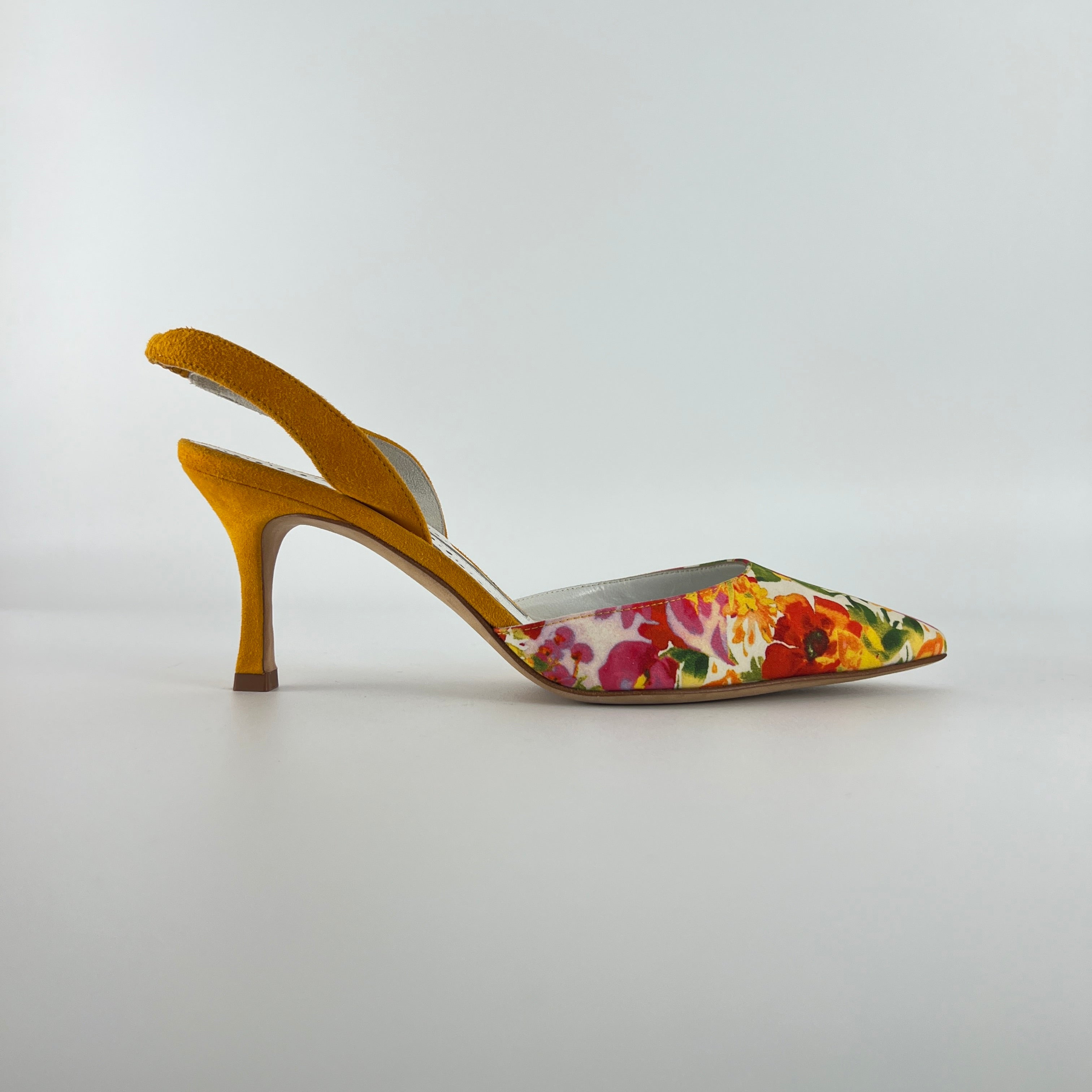 Manolo Blahnik | Carolyne 70 Floral Print Orange Suede Leather Pointed Slingback Heels (35)