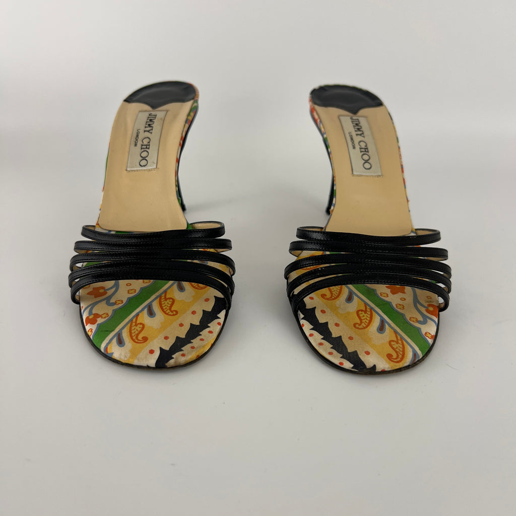 Jimmy Choo | Paisley Green Yellow Pattern Insole Black Strappy Mules  (37)