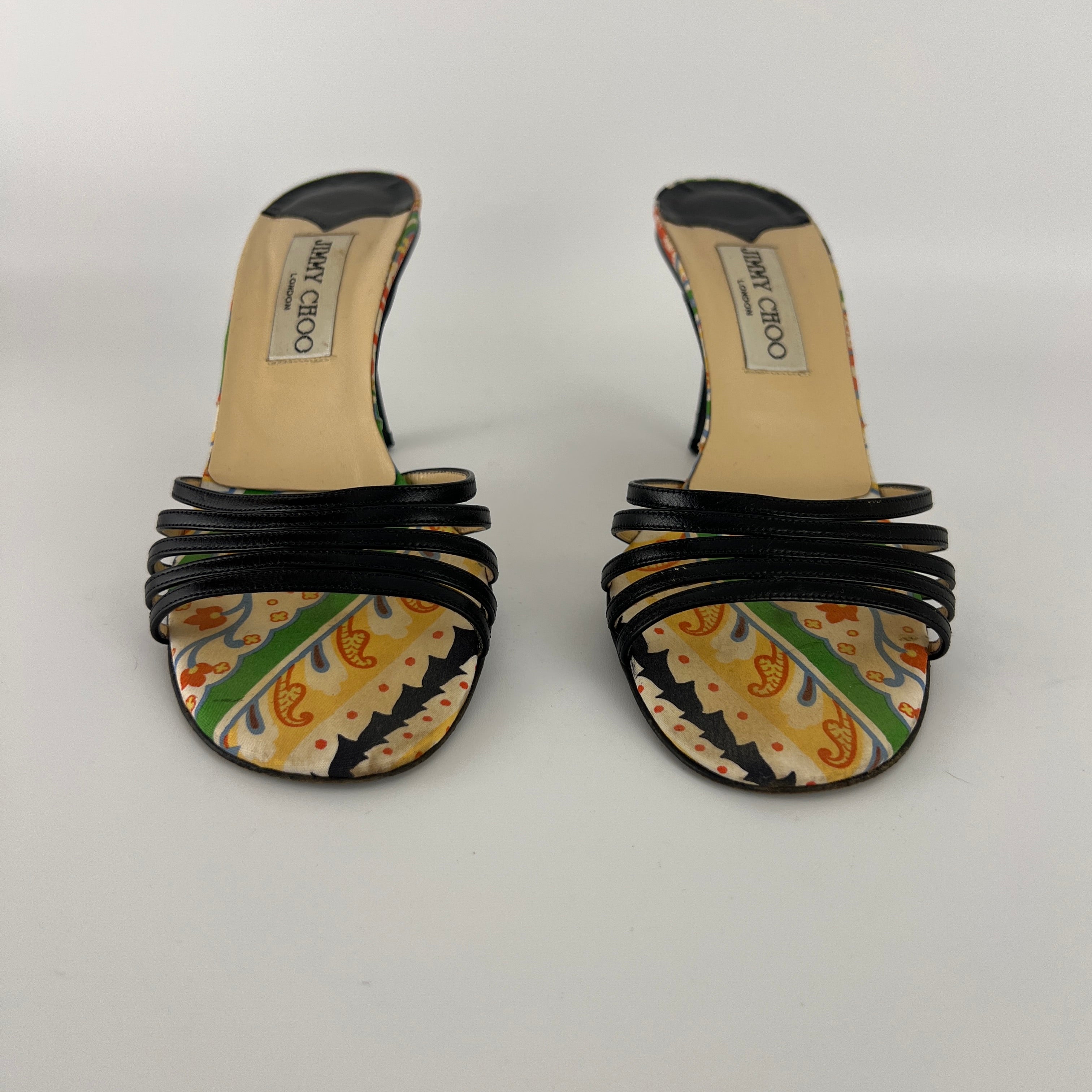 Jimmy Choo | Paisley Green Yellow Pattern Insole Black Strappy Mules  (37)