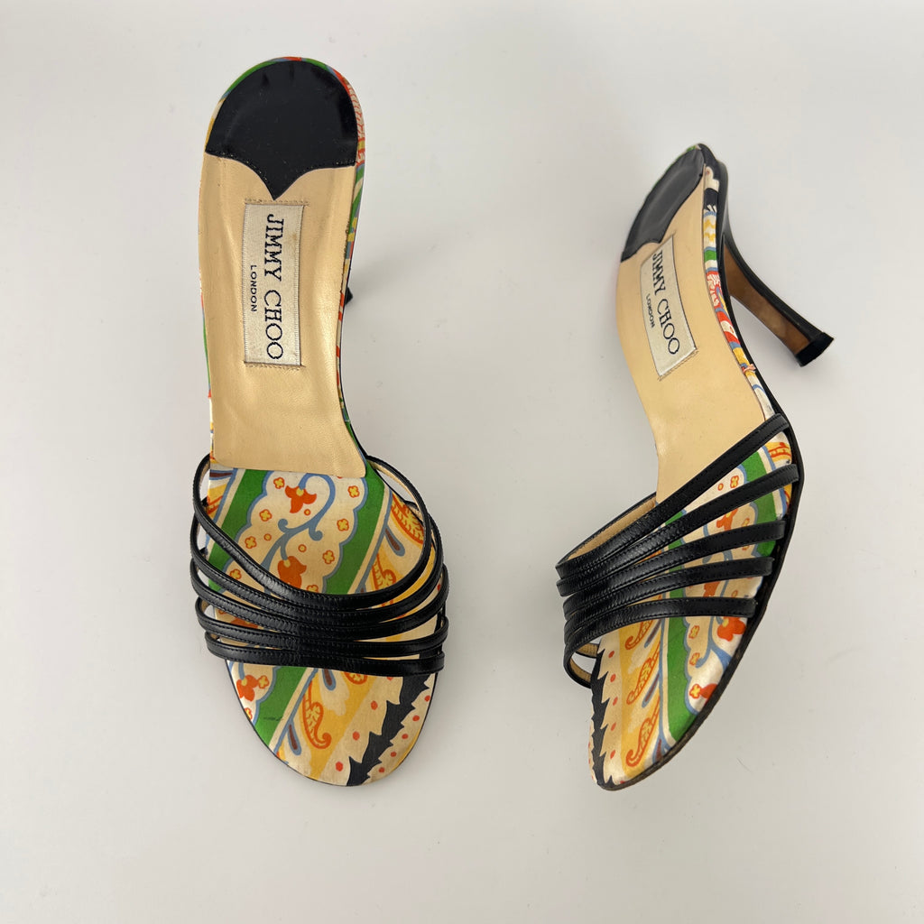 Jimmy Choo | Paisley Green Yellow Pattern Insole Black Strappy Mules  (37)
