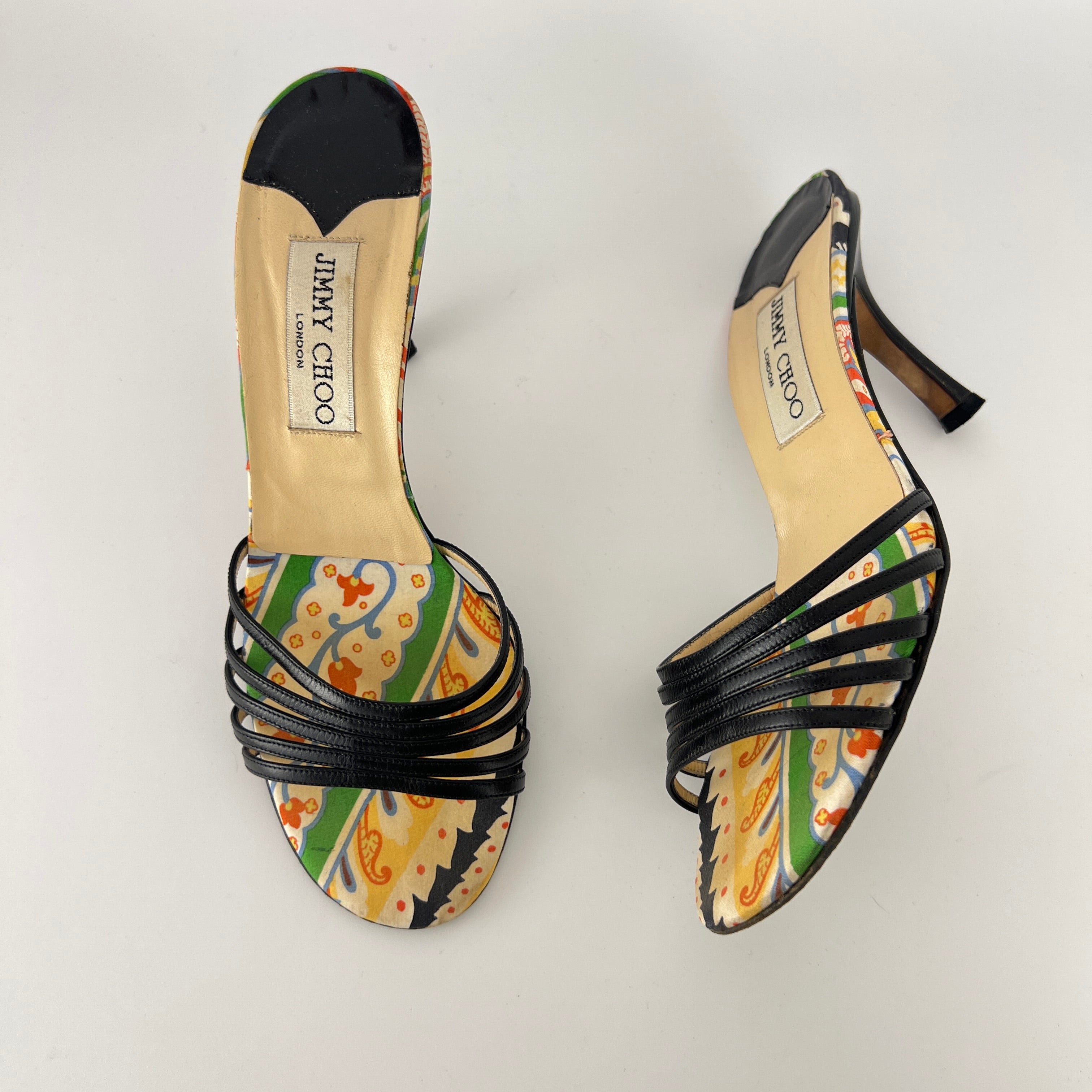 Jimmy Choo | Paisley Green Yellow Pattern Insole Black Strappy Mules  (37)